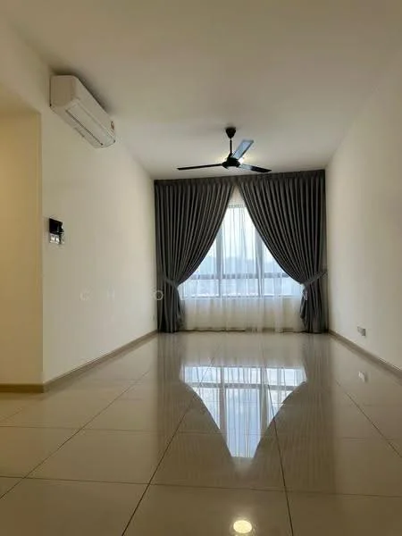 Living features: glossy tile flooring, white painted walls, 5-blade ceiling fan with light, floor-to-ceiling windows, sheer curtains, dark grey curtains, air conditioning unit on wall, recessed lighting; style: modern; view: city.