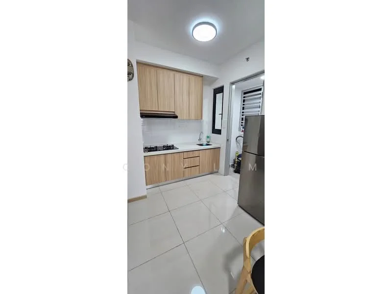 Kitchen features: light wood cabinetry, white tiled backsplash, black gas hob, stainless-steel range hood, built-in oven, double-bowl stainless-steel sink, chrome pull-down faucet, white marble countertop, ceramic tile flooring, recessed ceiling lights, window with blinds, fridge, open shelving; style: modern.
