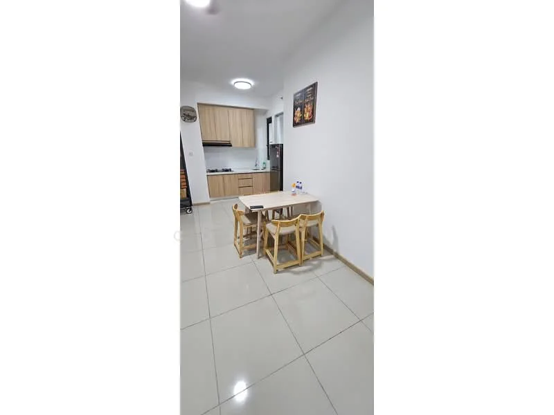 Dining features: square dining table, 4 wooden dining chairs, white walls, glossy tile flooring, recessed ceiling lights, kitchen area visible in background, wooden cabinetry in kitchen, kitchen countertop, decorative wall art; style: modern.
