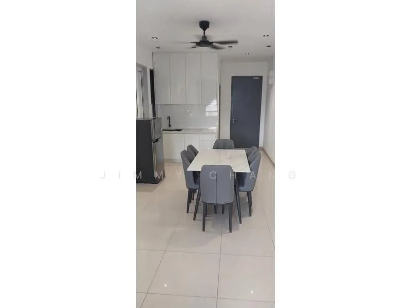 Dining features: 6-seater dining table, grey upholstered dining chairs, white marble tabletop, recessed downlights, ceiling fan, white cabinets, grey walls, tile flooring, kitchen area visible in background, black faucet, stainless-steel fridge; style: modern.