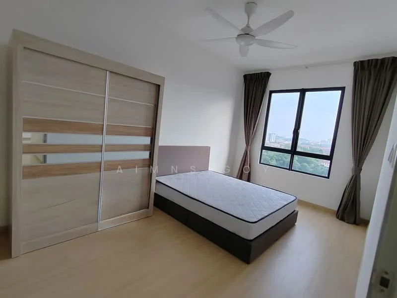 Bedroom features: queen-size bed, upholstered headboard, built-in wardrobe with sliding doors, floor-to-ceiling windows, curtains, ceiling fan, laminate flooring, city view; style: modern; view: city.