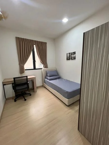 Bedroom features: single bed with grey bedding, wooden flooring, white painted walls, curtains in beige, desk with chair, wall-mounted light fixture, framed artwork on walls, window with view to outside; style: modern.