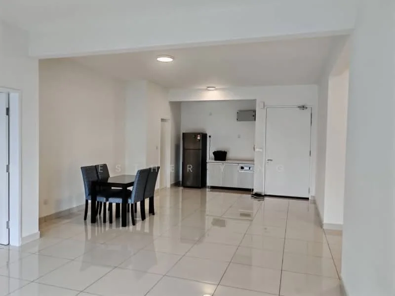 Living features: white painted walls, glossy ceramic tile flooring, recessed downlights, dining table with four black chairs, stainless-steel fridge, kitchenette with countertop, single door, open layout; style: modern.