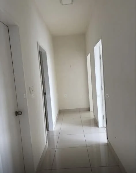 Hallway features: white painted walls, glossy ceramic tile flooring, ceiling light fixture, two doors on the right, one door on the left, neutral color scheme, straight corridor layout; style: modern.