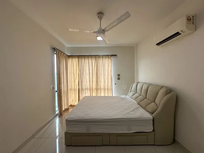 Bedroom features: king-size bed, upholstered headboard, white bedding, floor-to-ceiling windows, sheer curtains, white painted walls, polished tile flooring, 5-blade ceiling fan, wall-mounted air conditioning unit, built-in wardrobe; style: modern.