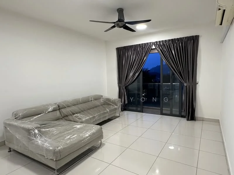 Living features: 3-seater fabric sofa in grey wrapped in plastic, floor-to-ceiling sliding glass door, grey curtains, white painted walls, glossy ceramic tile flooring, ceiling fan with light, air conditioning unit, balcony view; style: modern; view: city.