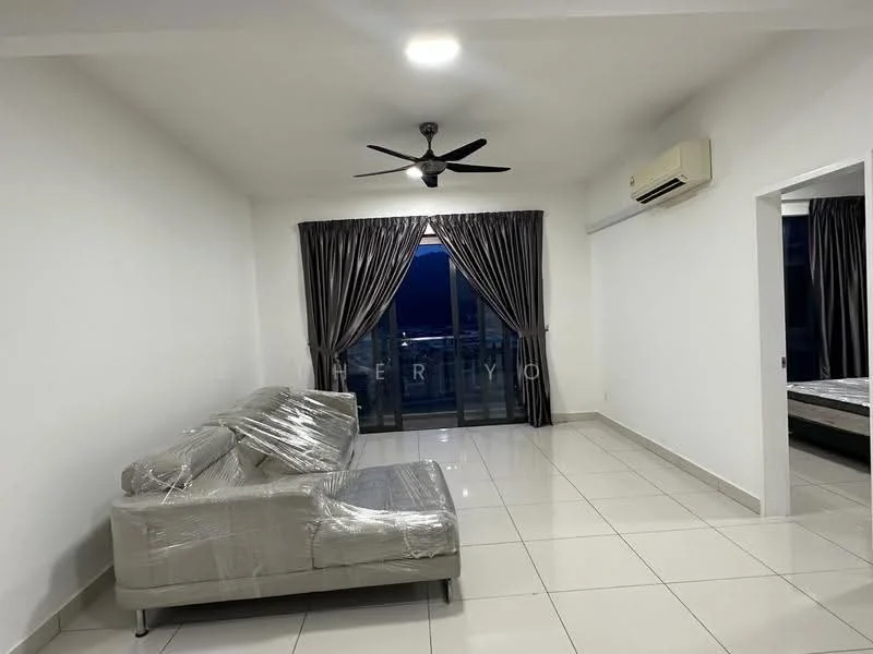 Living features: 3-seater fabric sofa wrapped in plastic, floor-to-ceiling windows, grey curtains, white painted walls, recessed downlights, wall-mounted split AC, glossy tile flooring, balcony door, ceiling fan; style: modern; view: city.
