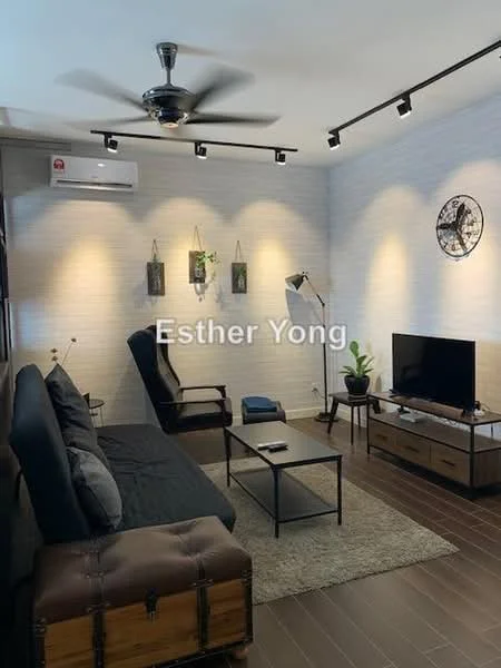 Living features: 3-seater fabric sofa in black, 2 armchairs in dark wood, coffee table with metal legs, area rug with neutral color, wall-mounted TV, wooden TV console, decorative wall clock, wall art with frames, 5-blade ceiling fan with light, 1 wall-mounted split AC, exposed brick accent wall, track lighting; style: modern.