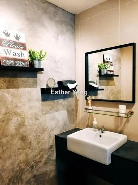 Bathroom features: square ceramic sink, chrome basin mixer faucet, black wall-mounted shelf, decorative plant on shelf, framed mirror, wall-mounted soap dispenser, beige tiled walls, grey accent wall, wall-mounted towel rack, decorative sign with text, glass shelf, white ceramic cup; style: modern.