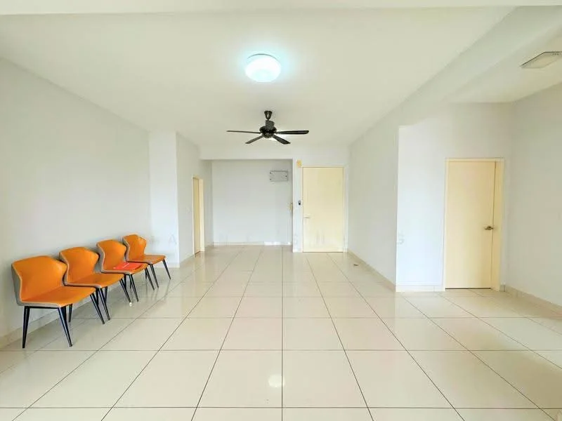 Room features: white painted walls, glossy ceramic tile flooring, 5-blade ceiling fan, recessed ceiling light, four orange chairs, two doorways, one wall-mounted air conditioning unit; style: modern.