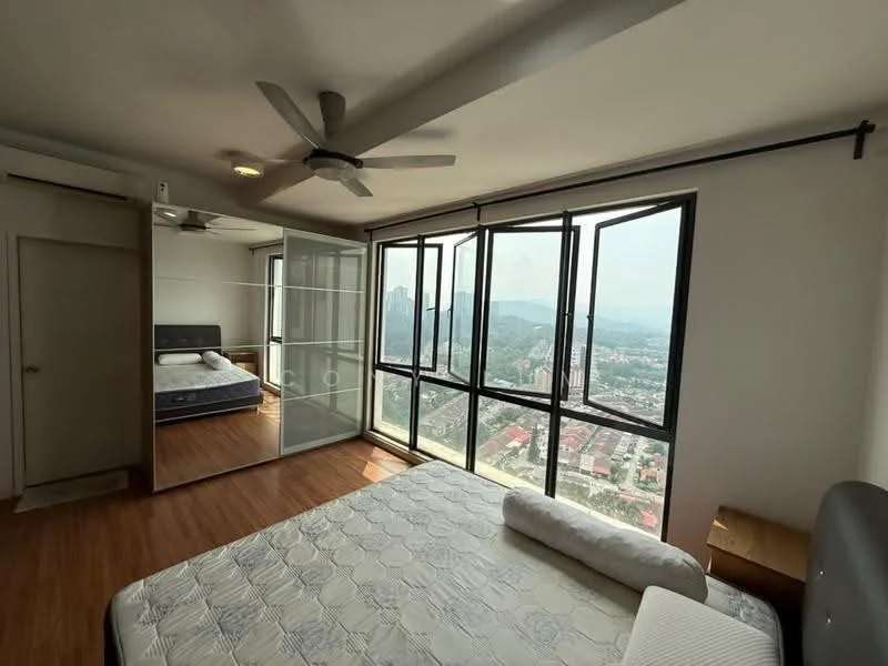 Bedroom features: floor-to-ceiling windows, city view, wooden flooring, 5-blade ceiling fan, queen-size bed, upholstered headboard, built-in wardrobe with glass doors, nightstand, decorative wall, natural light; style: modern; view: city.