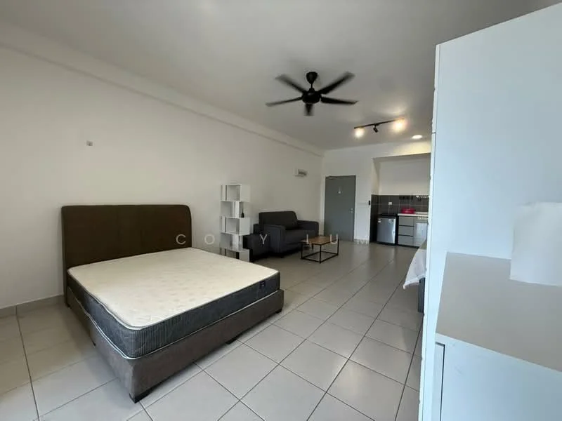 Room features: white painted walls, tile flooring, ceiling fan, queen-size bed, upholstered headboard, sofa, kitchenette with sink, built-in cabinets, refrigerator, stove, countertop, dining table, light fixtures; style: modern.
