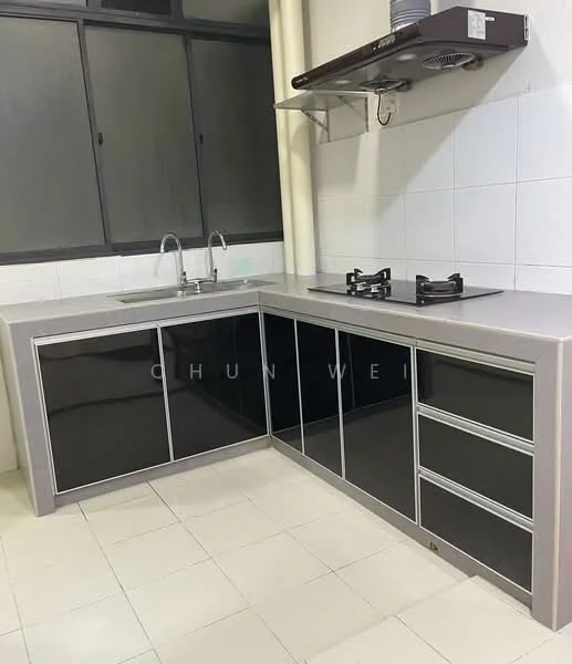 Kitchen features: L-shaped kitchen layout, black glossy cabinetry, grey countertop, double-bowl stainless-steel sink, chrome pull-down faucet, built-in gas hob, exhaust hood, white tiled backsplash, white tiled walls, white tiled flooring, window for natural light; style: modern.
