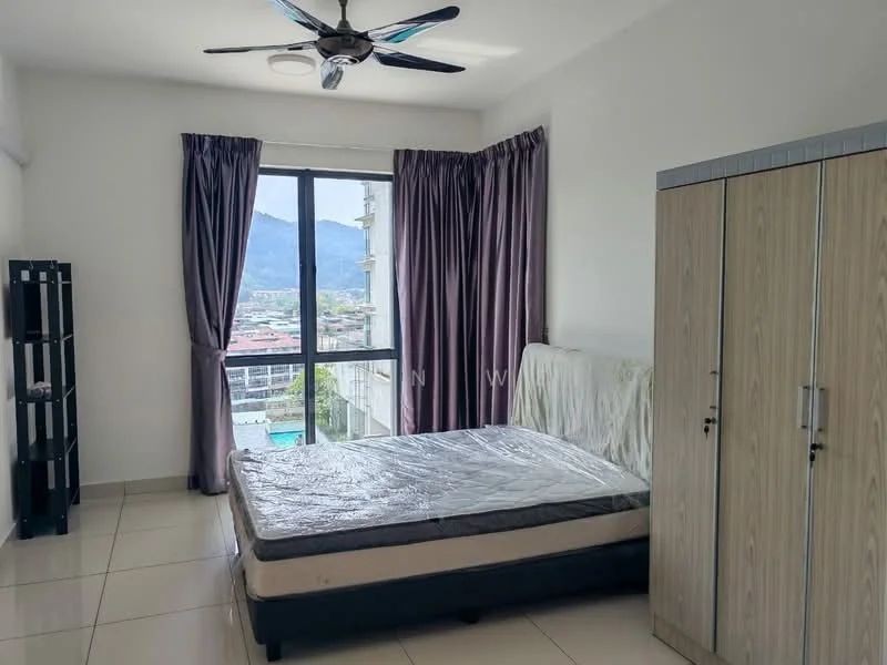Bedroom features: queen-size bed, upholstered headboard, floor-to-ceiling window, mountain view, purple curtains, white painted walls, tile flooring, ceiling fan, built-in wardrobe with sliding doors, black bookshelf, decorative wall, natural light; style: modern; view: mountain.