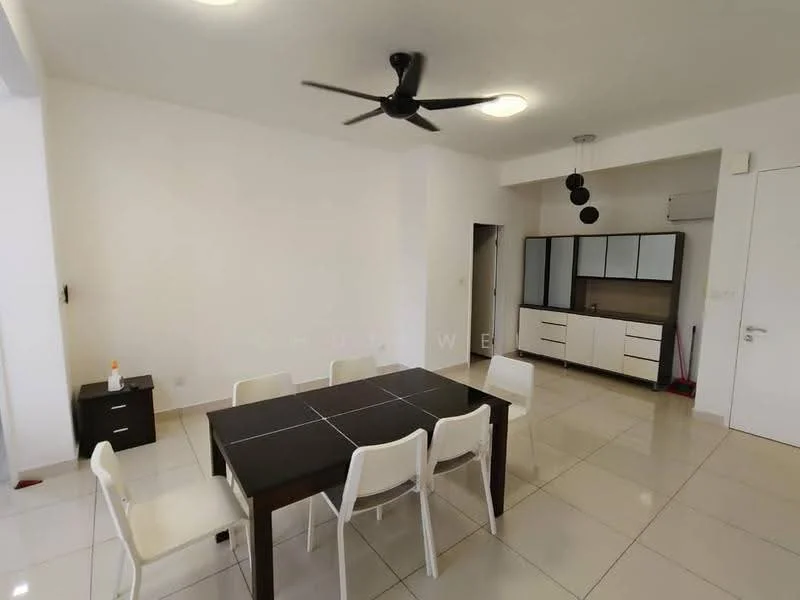 Dining features: white painted walls, glossy ceramic tile flooring, 5-blade ceiling fan, round ceiling light, rectangular dining table in dark wood, 6 white plastic dining chairs, built-in cabinetry with white and wood finish, open space layout; style: modern.