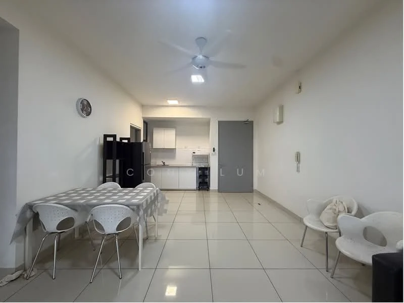 Living features: white painted walls, glossy tile flooring, 5-blade ceiling fan with light, dining table with checkered tablecloth, 4 white plastic dining chairs, 2 white plastic armchairs, wall clock, kitchen area visible in background, refrigerator visible in background, doorway leading to kitchen, light fixture in ceiling; style: modern.
