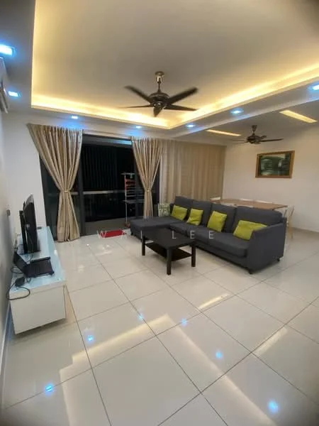 Living features: 3-seater fabric sofa in grey, green accent cushions, white TV console, wall-mounted TV, recessed LED downlights, ceiling fan with light, large floor-to-ceiling windows, sheer curtains, cream painted walls, glossy white tile flooring, decorative artwork on wall, dining table visible in background; style: modern.
