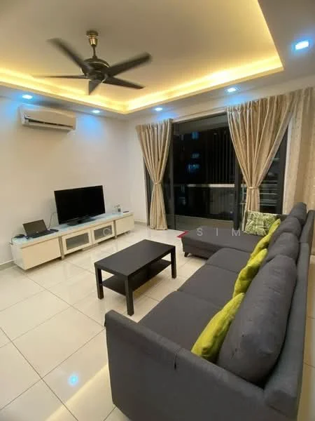 Living features: 5-blade ceiling fan with light, wall-mounted split AC, floor-to-ceiling windows, sliding glass door, grey fabric sectional sofa, black coffee table, white TV console, wall-mounted TV, curtains in beige, recessed LED downlights, cream painted walls, glossy tile flooring; style: modern.