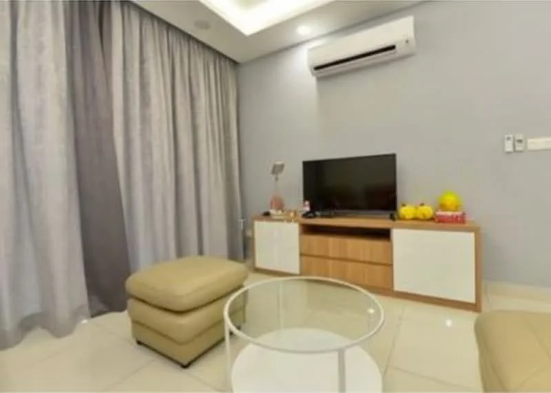 Living features: cream leather ottoman, glass coffee table, wall-mounted TV, wooden TV console with white cabinetry, grey curtains, recessed ceiling lights, split air conditioning unit, cream tiled flooring; style: modern.