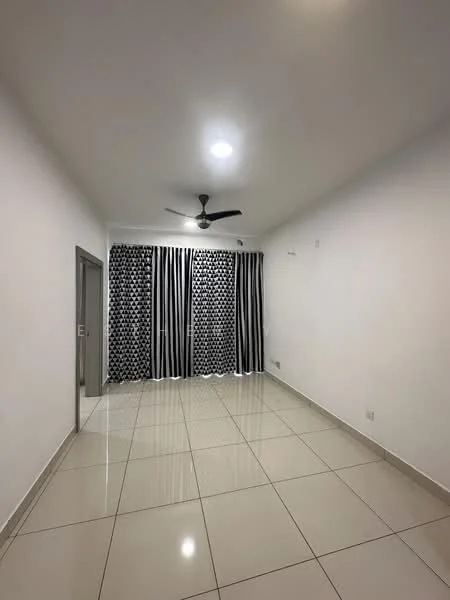 Room features: white painted walls, glossy ceramic tile flooring, ceiling fan, recessed ceiling lights, black and white patterned curtains, large window, neutral color scheme; style: modern.
