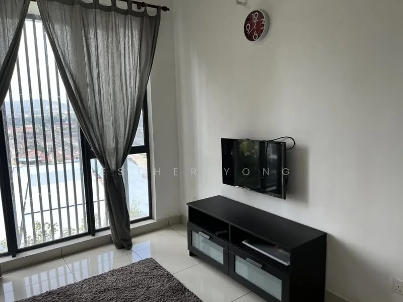 Living features: floor-to-ceiling windows, grey sheer curtains, wall-mounted TV, black TV console, light-coloured walls, white ceiling, clock on wall, carpeted flooring, city view; style: modern; view: city.