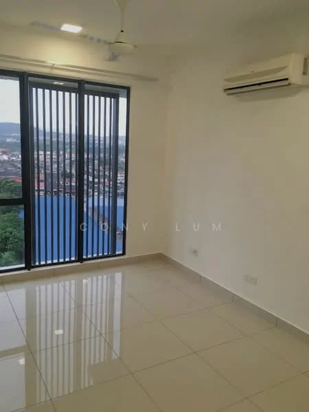Room features: white painted walls, glossy ceramic tile flooring, floor-to-ceiling windows, vertical blinds, 1 wall-mounted split AC, ceiling fan, city view, neutral color scheme; style: modern; view: city.