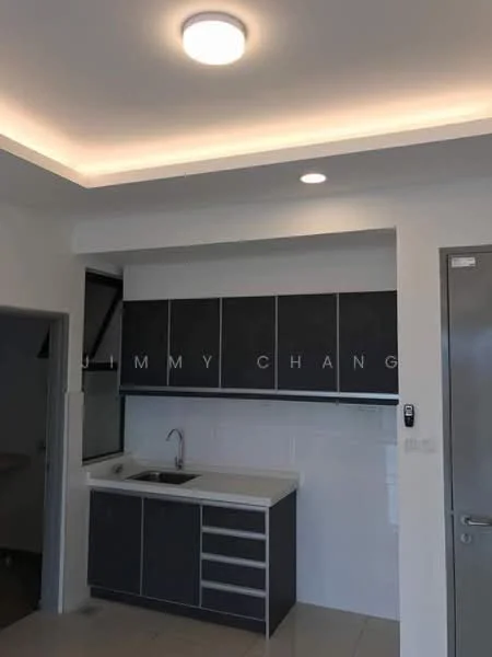 Kitchen features: grey cabinetry with flat-panel doors, white countertop, single-bowl stainless-steel sink, chrome pull-down faucet, built-in oven, stainless-steel fridge, ceramic tile flooring, recessed LED downlights, wall-mounted cabinets, open shelving, white tiled backsplash; style: modern.