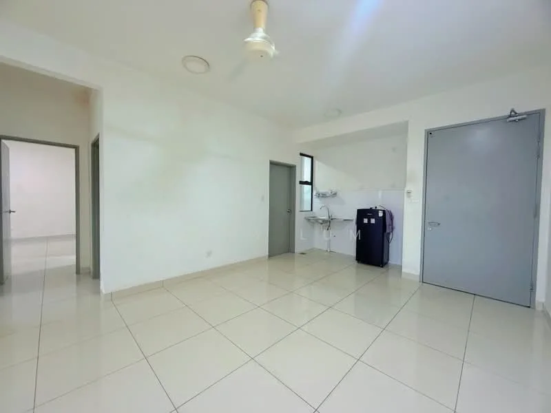 Room features: white painted walls, tile flooring, ceiling fan, window with natural light, kitchenette area with sink, refrigerator, open layout, no visible furniture; style: modern.
