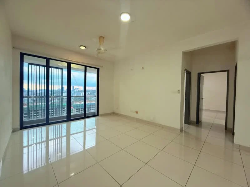 Living features: white painted walls, glossy ceramic tile flooring, 5-blade ceiling fan with light, floor-to-ceiling sliding glass doors, city view, recessed downlights; style: modern; view: city.