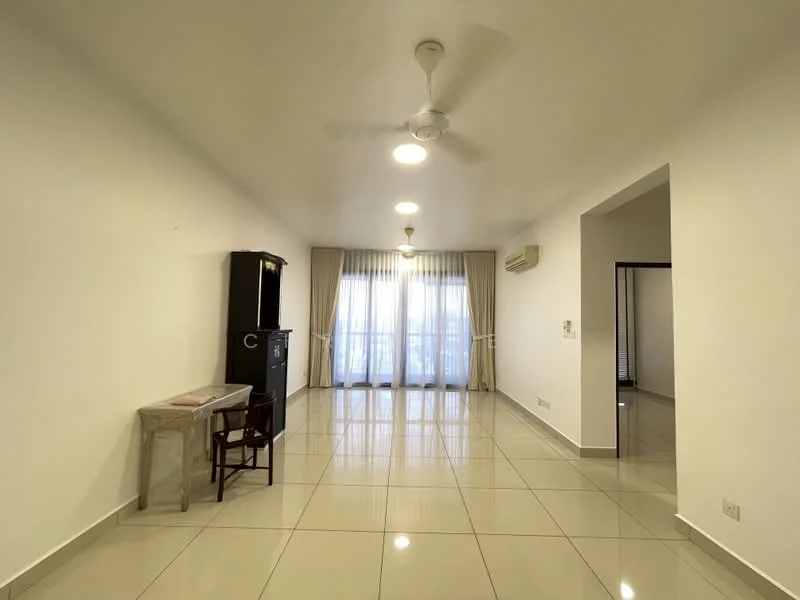 Living features: white painted walls, glossy ceramic tile flooring, 5-blade ceiling fan with light, recessed downlights, floor-to-ceiling windows, sheer curtains, air conditioning unit, wooden sideboard, small wooden chair; style: modern; view: city.