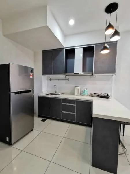 Kitchen features: grey cabinetry, white countertop, stainless-steel fridge, built-in gas hob, kitchen sink, white backsplash, pendant lighting, tile flooring, open shelving, microwave, kettle; style: modern.