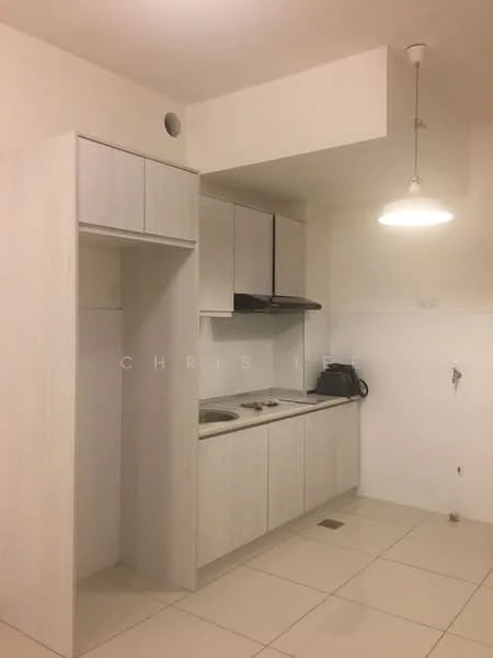 Kitchen features: white cabinetry, single-bowl stainless-steel sink, chrome pull-down faucet, built-in stove, exhaust hood, white tiled backsplash, light-colored countertop, ceramic tile flooring, recessed downlights, pendant light, open shelving, wall-mounted cabinets; style: modern.