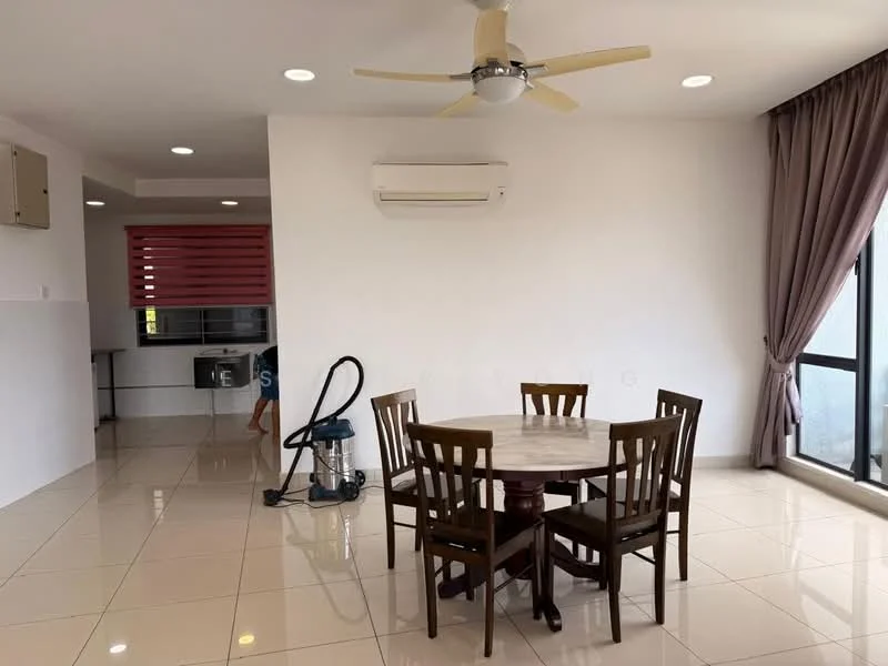 Dining features: round dining table, 4 wooden dining chairs, 5-blade ceiling fan with light, wall-mounted split AC, white painted walls, glossy tile flooring, curtains, large window with view, vacuum cleaner; style: modern. Kitchen features: kitchen counter, kitchen cabinets, stainless-steel sink, built-in appliances; style: modern.