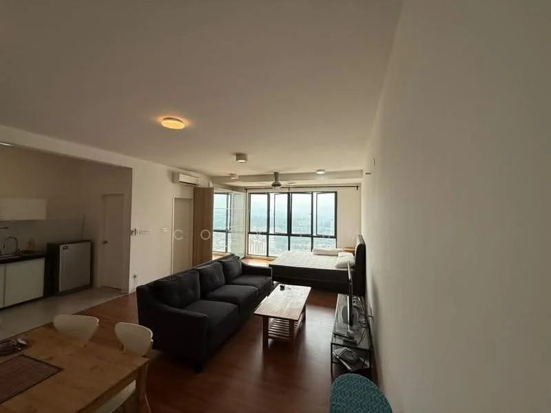 Living features: 3-seater fabric sofa in black, wood coffee table, wall-mounted TV, TV console, floor-to-ceiling windows, city view, 5-blade ceiling fan, recessed downlights, laminate flooring, decorative wall art; style: modern; view: city. Kitchen features: white cabinetry, stainless-steel fridge, built-in oven, 4-burner gas hob, single-bowl stainless-steel sink, chrome pull-down faucet, ceramic tile backsplash, open shelving; style: modern.