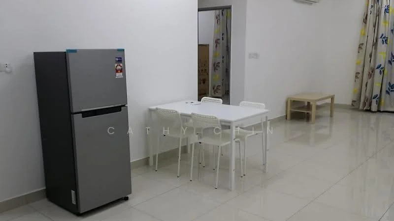 Dining features: white dining table, 4 white plastic dining chairs, grey fridge, white tiled flooring, white painted walls, floor-to-ceiling windows with floral curtains, air conditioning unit on wall; style: modern.