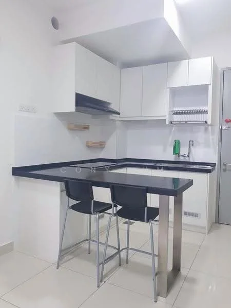 Kitchen features: white cabinetry, black countertop, stainless-steel base, single-bowl stainless-steel sink, chrome pull-down faucet, built-in microwave, open shelving, two bar stools, white tiled backsplash, ceramic tile flooring, recessed downlights; style: modern.