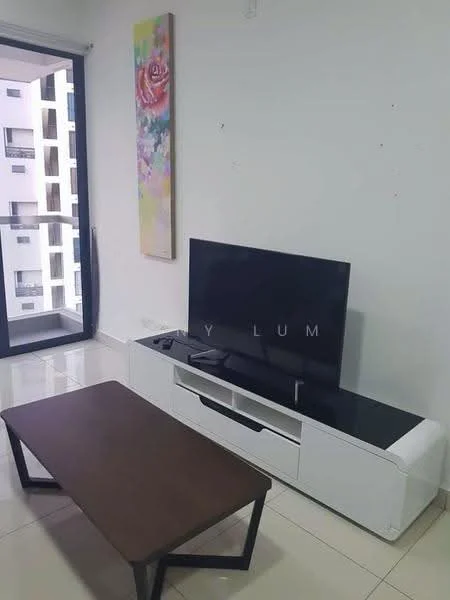 Living features: white painted walls, glossy tile flooring, floor-to-ceiling windows, black TV console, wall-mounted TV, coffee table with brown surface, decorative wall art with floral pattern, sliding glass door leading to balcony; style: modern.