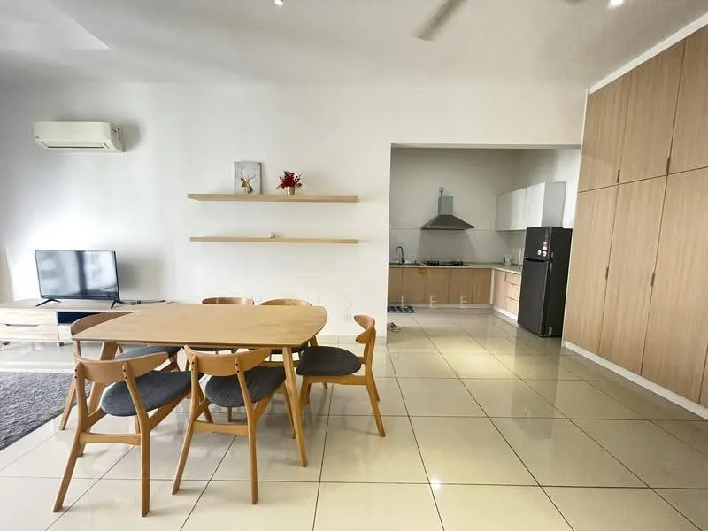 Living features: wall-mounted TV, dining table with 4 chairs, light wood shelving unit, cream walls, white ceiling, recessed downlights, air conditioning unit, large floor tiles, grey area rug; style: modern. Kitchen features: kitchen cabinetry in light wood, stainless-steel fridge, stainless-steel range hood, built-in oven, gas hob, white countertops, open layout to living area; style: modern.