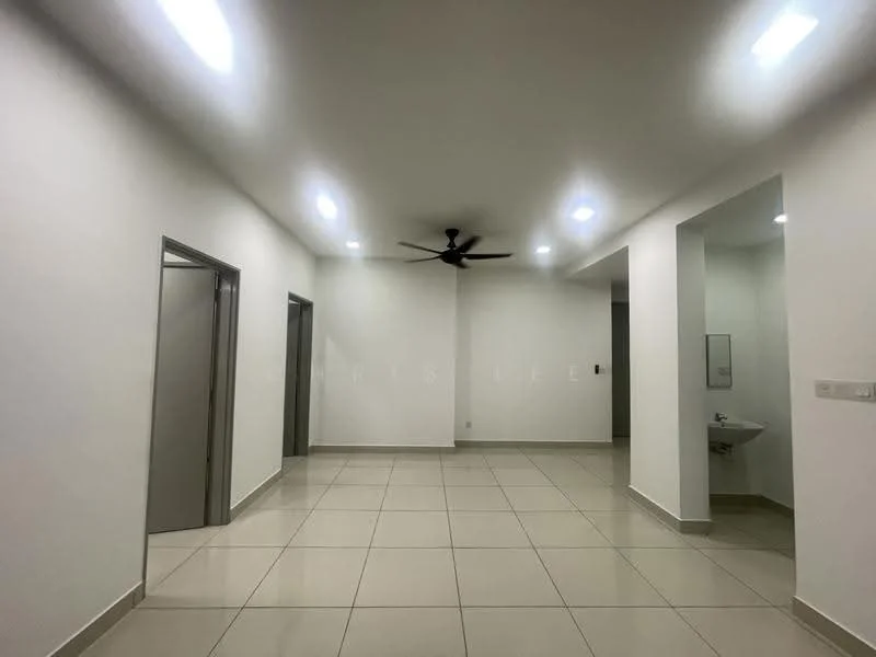 Room features: white painted walls, polished ceramic tile flooring, recessed LED downlights, 5-blade ceiling fan, mirror on wall, sink with wall-mounted faucet, doorway to adjacent rooms, neutral color scheme; style: modern.