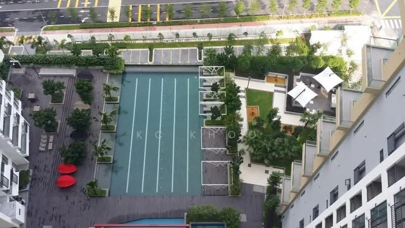Exterior type: high-rise condominium; features: infinity pool, landscape garden, manicured lawn, outdoor seating area with pergola, tennis court, paved walkways, tropical landscaping, surrounded by greenery; style: modern.