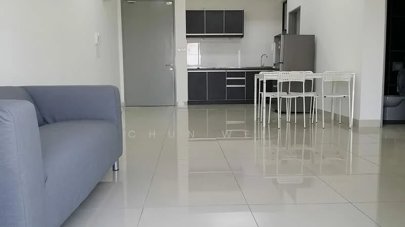 Living features: grey fabric sofa, glossy tile flooring, white dining table, four white dining chairs, kitchen cabinetry in dark grey, stainless-steel fridge, built-in oven, single-bowl stainless-steel sink, chrome pull-down faucet, open layout, neutral wall color, recessed lighting; style: modern.