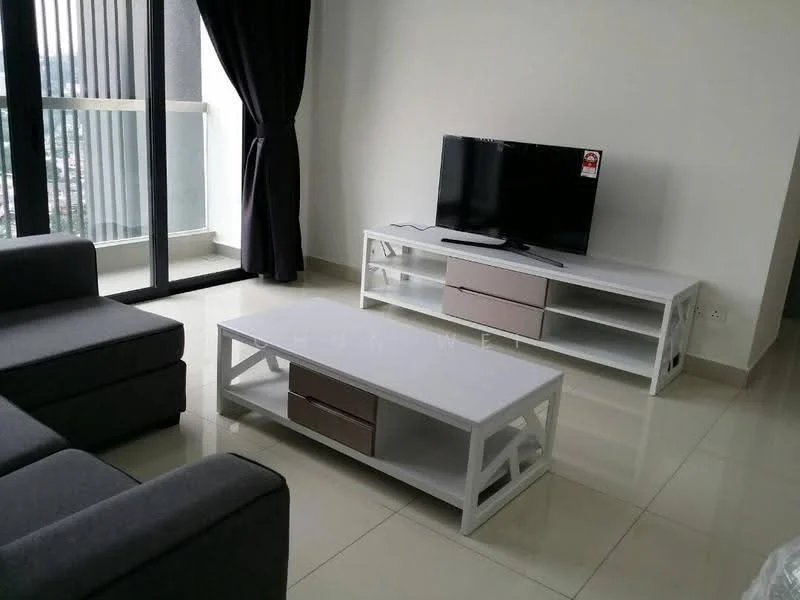 Living features: grey fabric sofa, white coffee table with storage, white TV console, wall-mounted TV, floor-to-ceiling windows, blackout curtains, glossy tile flooring, neutral painted walls; style: modern; view: city.