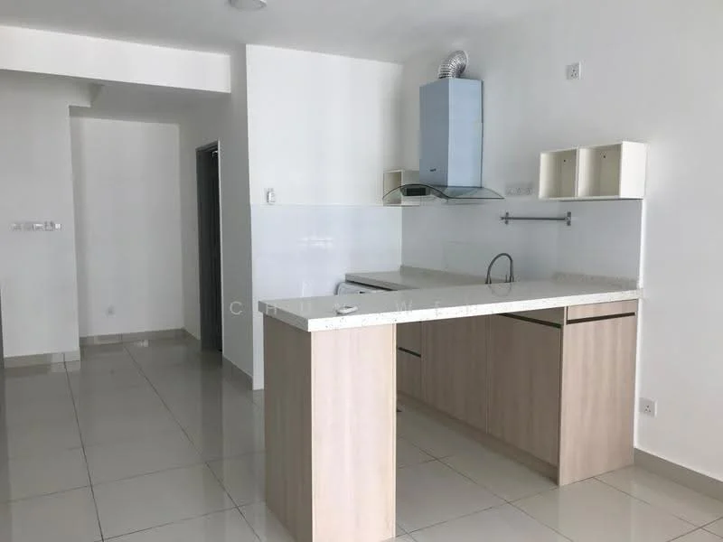 Kitchen features: white painted walls, light grey tiled flooring, island kitchen counter with light wood cabinetry, white quartz countertop, single-bowl stainless-steel sink, chrome pull-down faucet, built-in hood, open shelving, recessed downlights, ventilation fan; style: modern.
