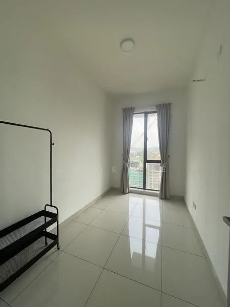 Room features: white painted walls, glossy tile flooring, floor-to-ceiling window, curtains, ceiling light, metal clothing rack, city view; style: modern; view: city.