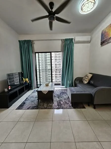Living features: grey L-shape sectional sofa, coffee table, TV console, wall-mounted TV, area rug with geometric pattern, 5-blade ceiling fan with light, floor-to-ceiling sliding glass door, curtains in teal, tile flooring, air conditioning unit; style: modern; view: city.