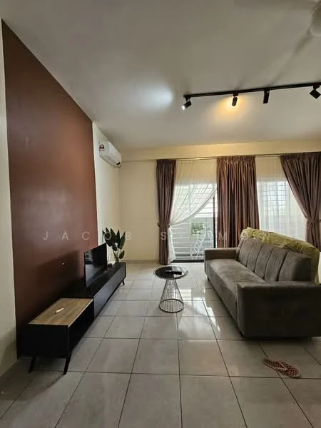 Living features: grey fabric sofa, coffee table, TV console, wall-mounted TV, floor-to-ceiling windows, sheer curtains, dark brown accent wall, recessed LED downlights, 1 wall-mounted split AC, ceramic tile flooring, area rug; style: modern.