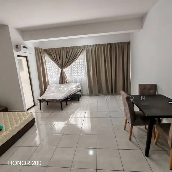 Living features: white painted walls, glossy tile flooring, floor-to-ceiling windows, sheer curtains, brown fabric sofa, dining table with four chairs, queen-size bed with mattress, air conditioning unit; style: modern.
