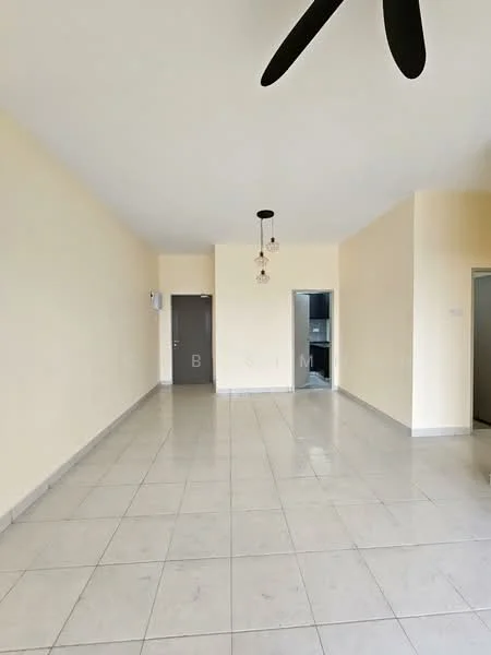 Room features: cream painted walls, white ceiling, tile flooring, 5-blade ceiling fan, hanging pendant light, door to hallway, door to kitchen, large open space; style: modern.