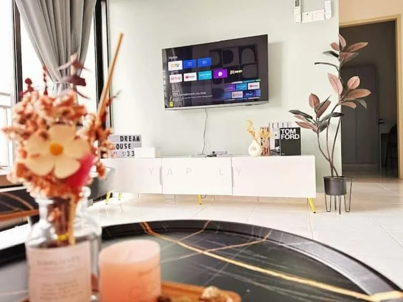 Living features: light grey painted walls, white tiled flooring, floor-to-ceiling windows, black TV console, wall-mounted TV, decorative plant in pot, coffee table with marble top, decorative vase with flowers, candle on coffee table, framed artwork on wall, minimalist decor; style: modern.
