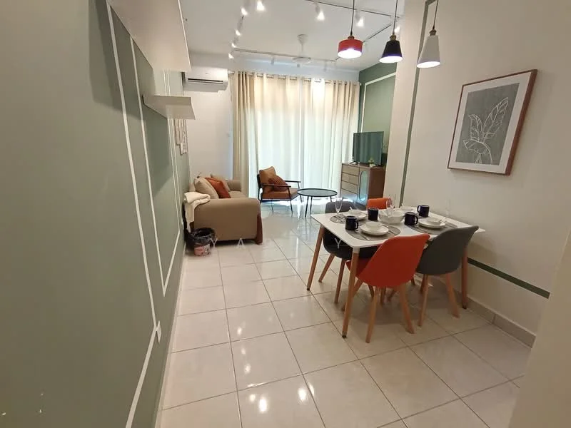 Living features: grey painted walls, white ceiling, recessed downlights, floor-to-ceiling windows with sheer curtains, white tiled flooring, 3-seater fabric sofa in beige, orange accent chair, wooden dining table with 4 chairs, decorative wall art, TV console, TV, sideboard, houseplants in pots; style: modern.